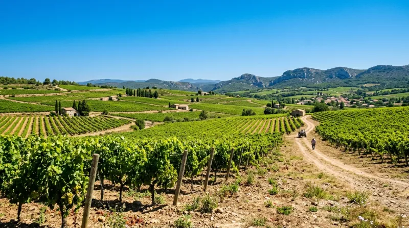 Une photo d'un paysage de vignobles dans le Languedoc-Roussillon sous un soleil intense et un ciel b