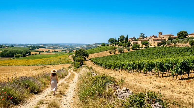 Une photo d'un paysage ensoleillé en Nouvelle-Aquitaine sous un ciel bleu azur et une chaleur intens