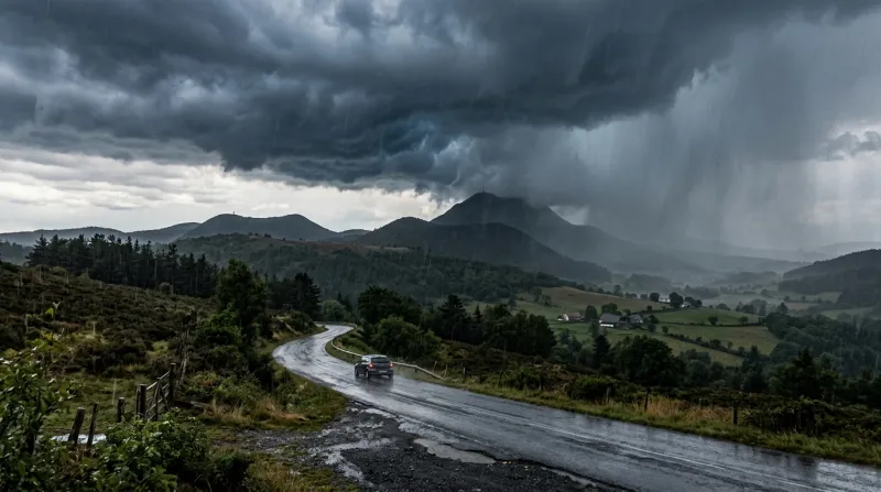 Une photo d'un paysage de la région Auvergne-Rhône-Alpes sous un ciel d'orage avec de fortes pluies