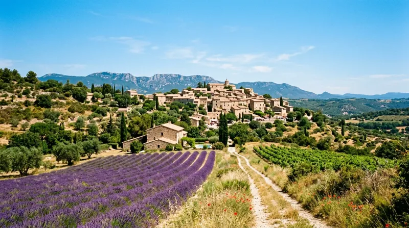 Une photo d'un paysage typique du Vaucluse sous un soleil radieux et une forte chaleur