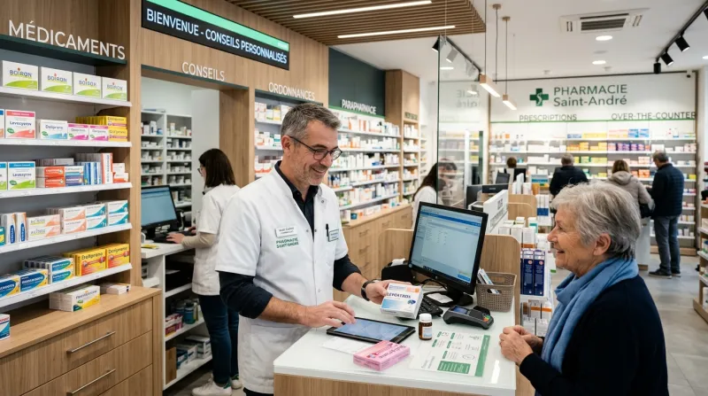 Une photo d'un pharmacien professionnel dans une pharmacie moderne