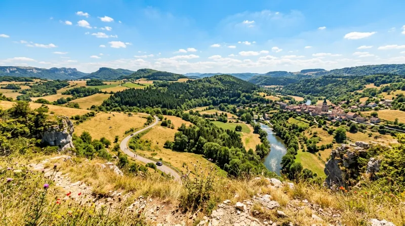 Une photo d'un paysage du Doubs sous un soleil éclatant et une forte chaleur