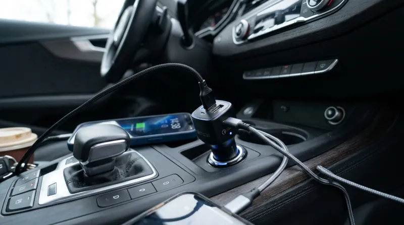 Une photo d'un chargeur allume-cigare avec deux ports USB branché dans une voiture