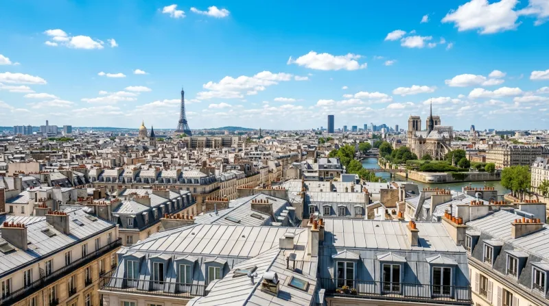 Une photo des toits de Paris sous un ciel bleu éclatant et un soleil d'été