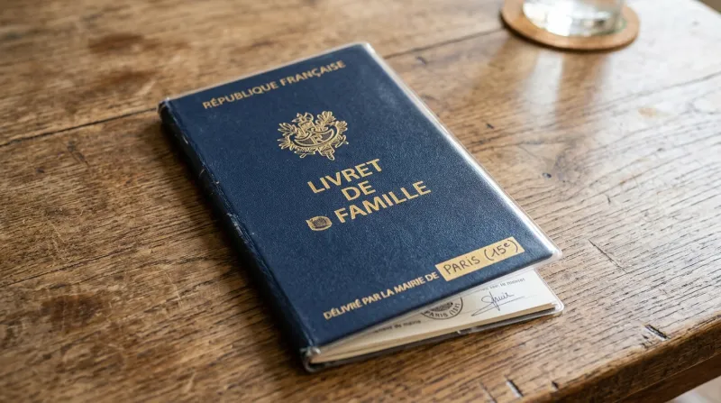 Une photo d'un livret de famille français posé sur une table en bois