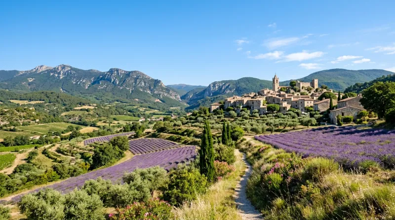 Une photo d'un paysage ensoleillé dans le sud de la Drôme sous un ciel clair