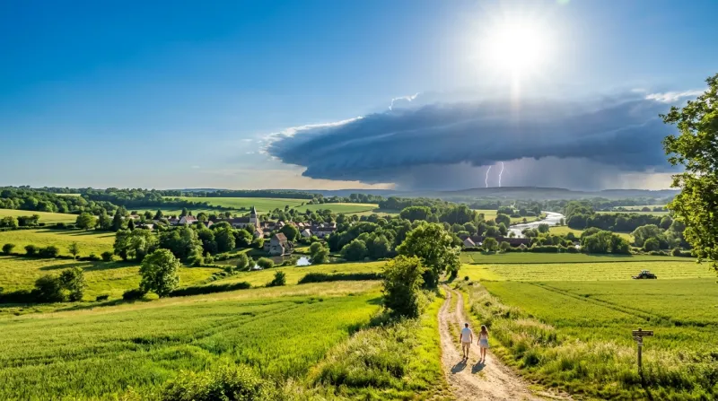 Une photo d'un paysage verdoyant de l'Essonne sous un soleil éclatant et une forte chaleur avec des 