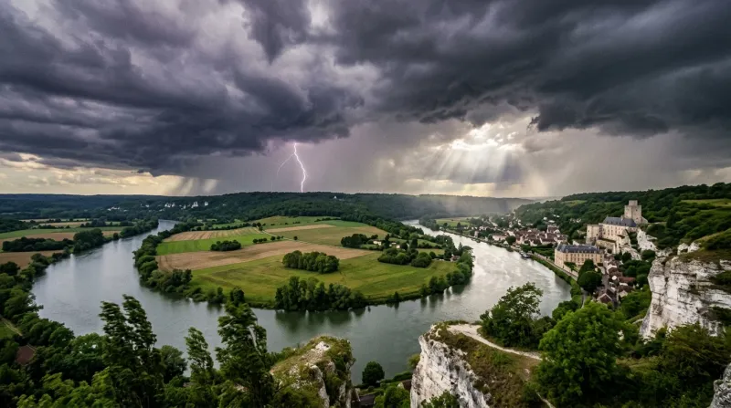 Une photo d'un paysage emblématique de l'Île-de-France sous un ciel orageux