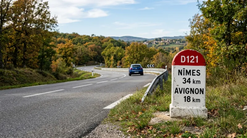 Une photo d'une borne kilométrique au bord d'une route
