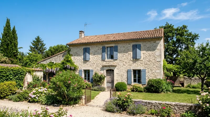 Une photo d'une maison individuelle aux volets fermés sous un ciel clair
