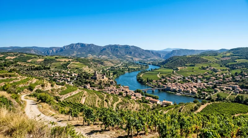 Une photo d'un paysage de la vallée du Rhône sous un soleil intense et un ciel bleu sans nuages
