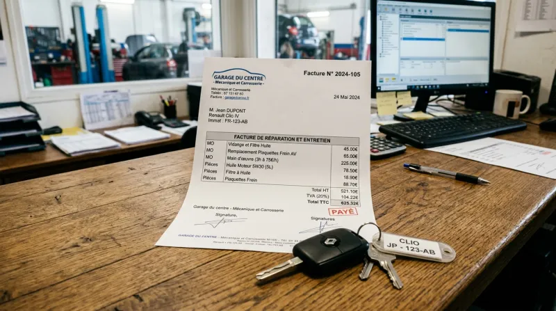 Une photo d'une facture détaillée de réparation automobile posée sur un bureau avec des clés de voit