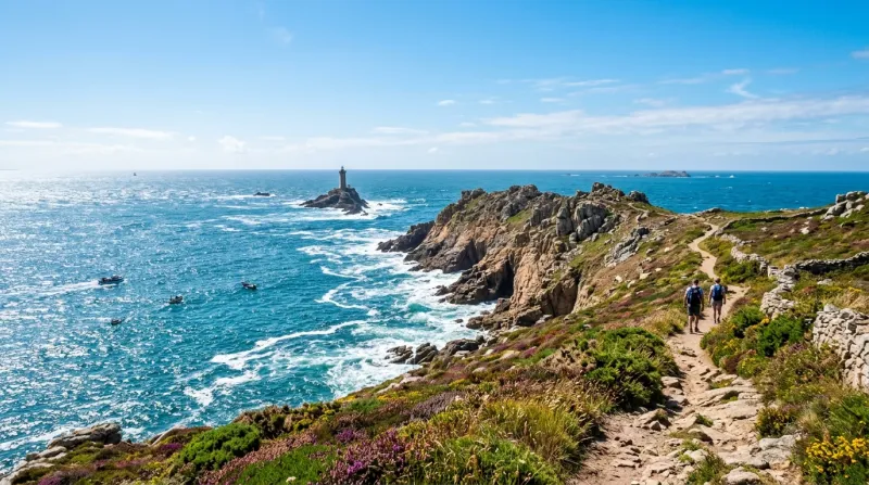Une photo d'un paysage côtier du Finistère sous un soleil radieux et un ciel bleu clair