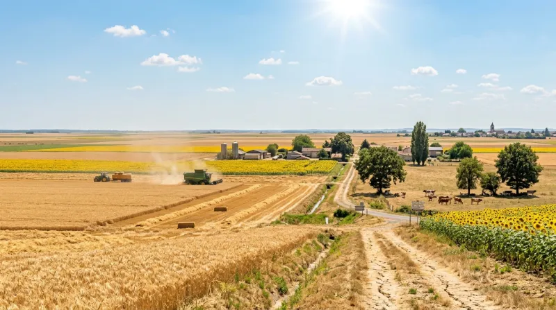 Une photo d'un paysage de plaines dans la région Centre sous un soleil éclatant et une forte chaleur