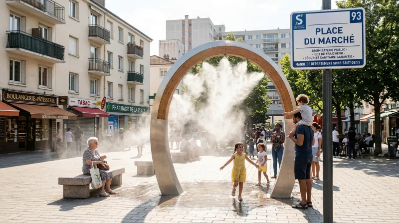 Une photo d'un brumisateur public rafraîchissant une place urbaine ensoleillée en Seine-Saint-Denis