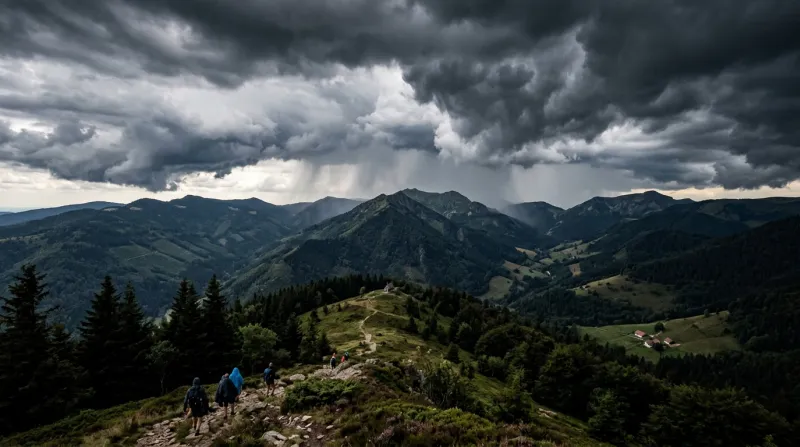Une photo du massif des Vosges sous un ciel orageux