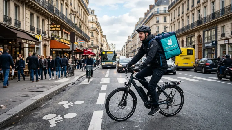 Une photo d'un livreur avec un sac à dos de livraison en milieu urbain