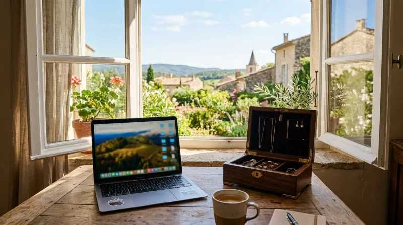 Une photo d'un ordinateur portable et d'un coffret à bijoux posés sur une table devant une fenêtre o