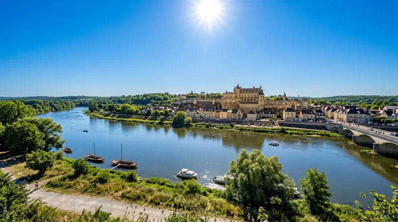 Une photo d'un paysage de la Loire sous un soleil intense et un ciel bleu sans nuages