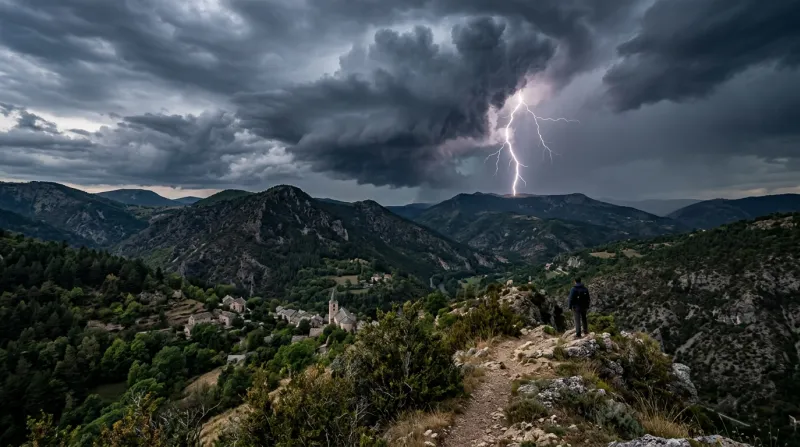Une photo des paysages montagneux de la Lozère sous un ciel chargé de cumulonimbus avec des éclairs.