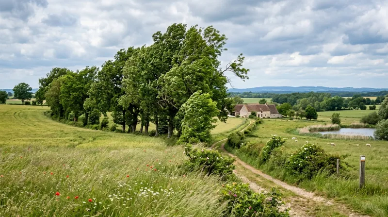 Une photo d'un paysage de campagne dans l'Indre avec du vent soufflant dans les arbres