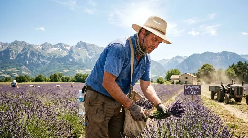 Une photo d'un travailleur en extérieur sous un soleil intense en Isère