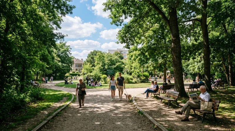 Une photo d'un parc public ombragé dans le Val-de-Marne sous un ciel ensoleillé
