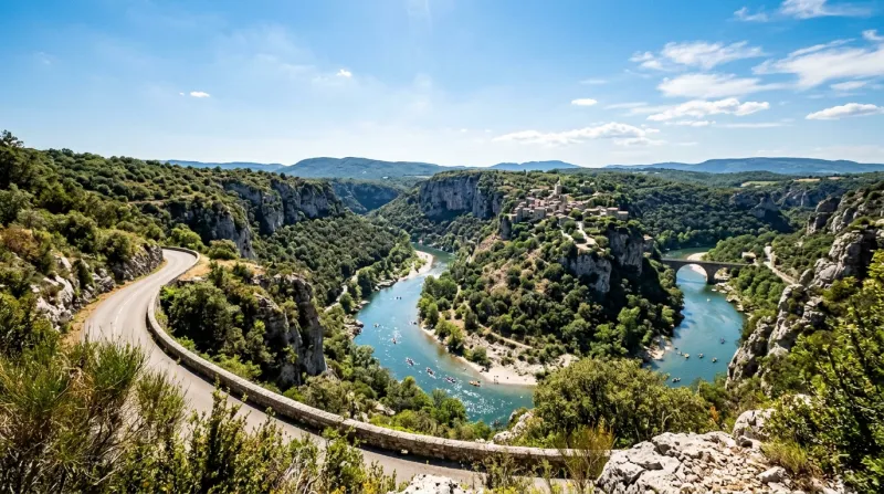Une photo d'un paysage de l'Ardèche sous un soleil éclatant