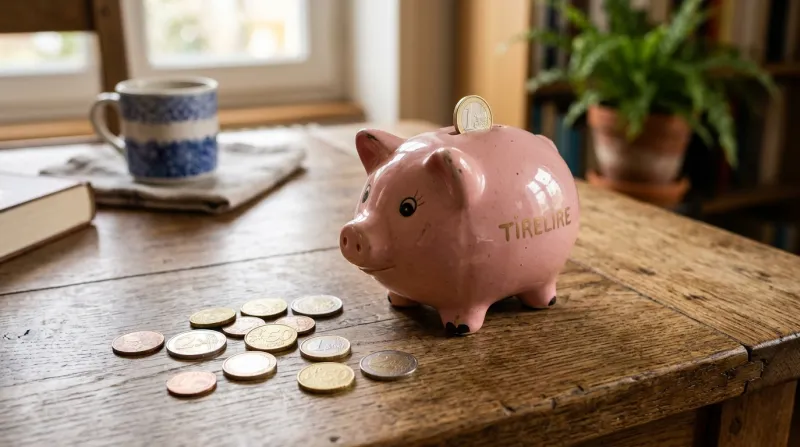Une photo d'une tirelire en forme de cochon posée sur une table avec quelques pièces de monnaie