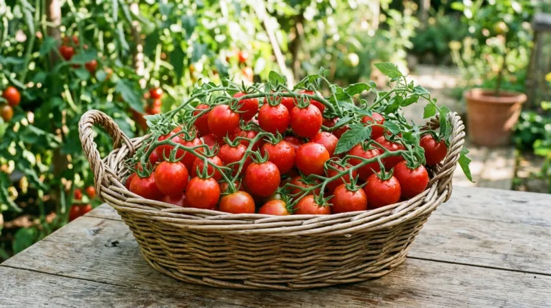 Une photo de tomates grappes fraîches dans un panier en osier