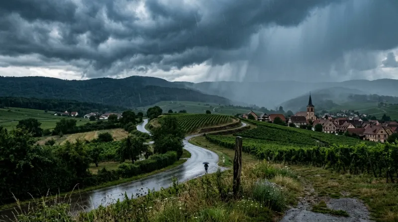 Une photo d'un paysage du Bas-Rhin sous un ciel orageux et pluvieux