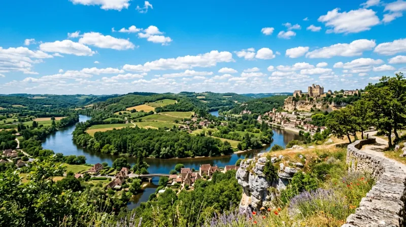 Une photo d'un paysage ensoleillé dans la vallée de la Dordogne sous un ciel bleu éclatant.