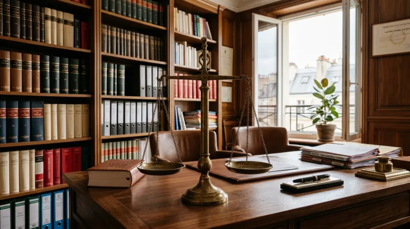 Une photo d'une balance de la justice posée sur un bureau de cabinet d'avocats