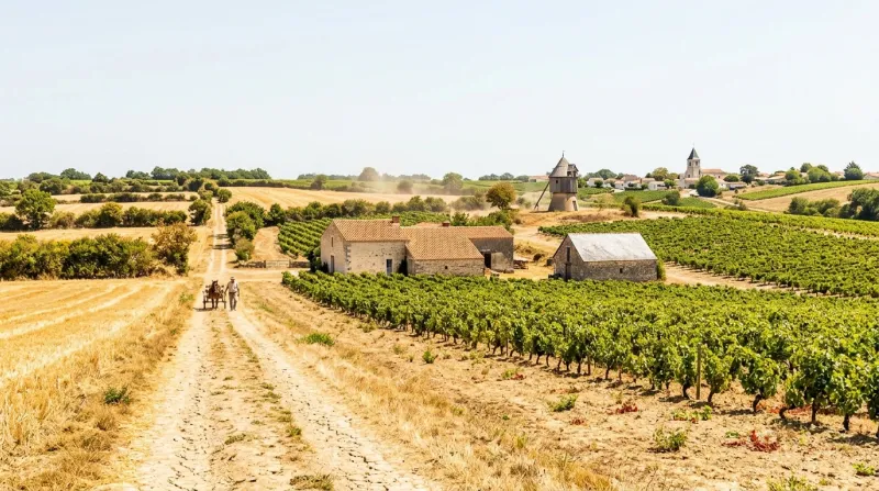 Une photo d'un paysage rural dans les Pays de la Loire sous un soleil de plomb et une forte chaleur