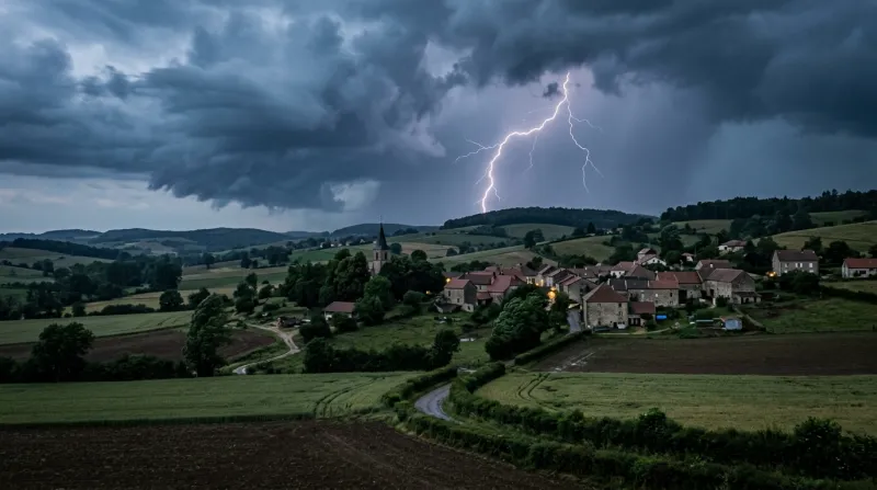 Une photo d'un paysage rural en Haute-Saône sous un ciel orageux avec des éclairs