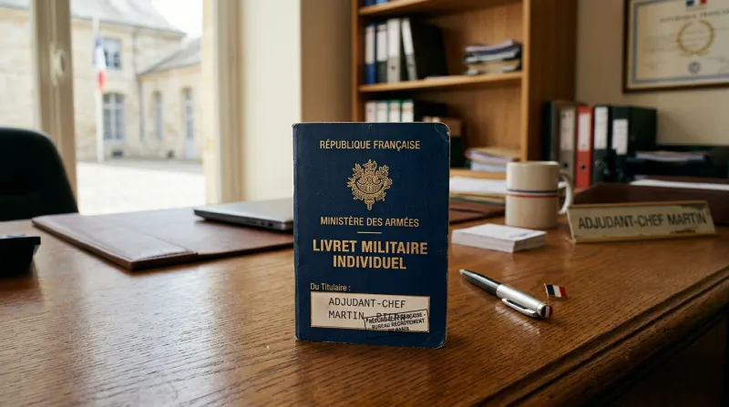 Une photo d'un livret militaire officiel posé sur un bureau.