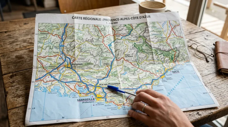 Une photo d'une carte routière régionale en papier dépliée