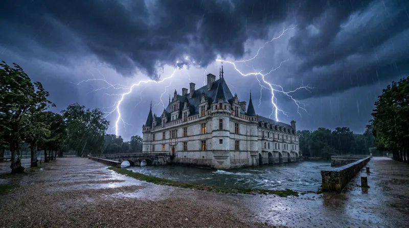 Une photo d'un château de la Loire sous un ciel d'orage avec des éclairs