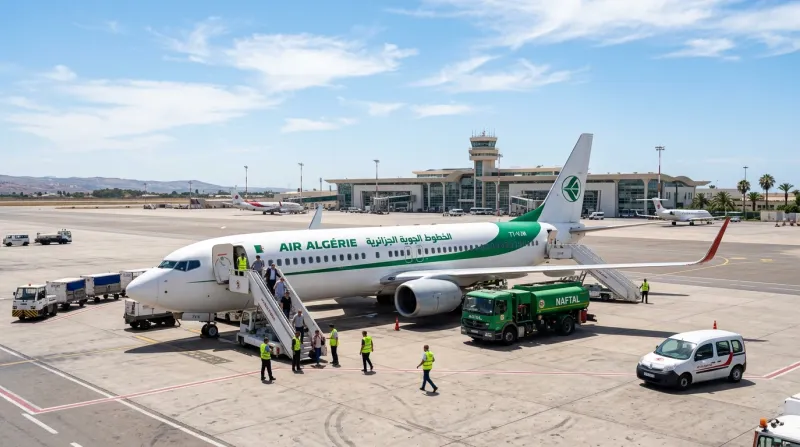 Une photo d'un avion de la compagnie Air Algérie sur le tarmac d'un aéroport sous un ciel ensoleillé