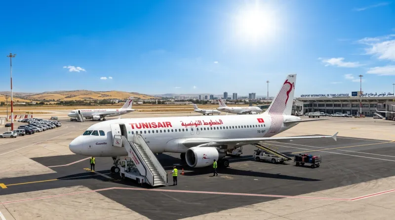 Une photo d'un avion de la compagnie Tunisair stationné sur le tarmac d'un aéroport sous un grand so