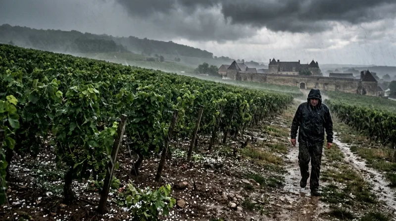 Une photo d'un vignoble de Bourgogne en Côte-d'Or sous la grêle et de fortes pluies