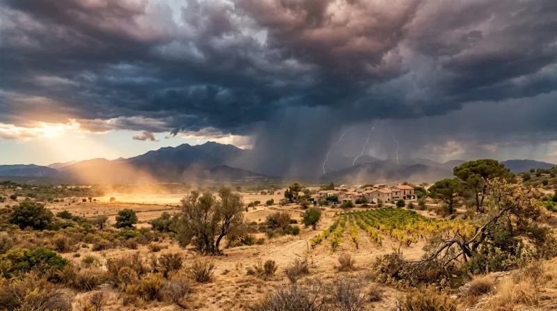 Une photo d'un paysage des Pyrénées-Orientales sous un ciel orageux lors d'une journée de canicule
