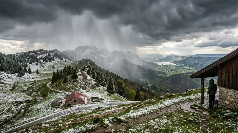 Une photo d'un paysage de montagne dans le Jura sous une averse de grêle
