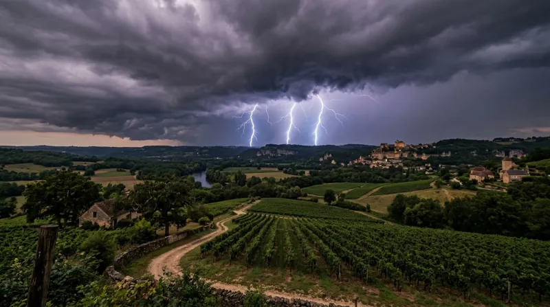 Une photo d'un paysage de la région Nouvelle-Aquitaine sous un ciel orageux avec des éclairs