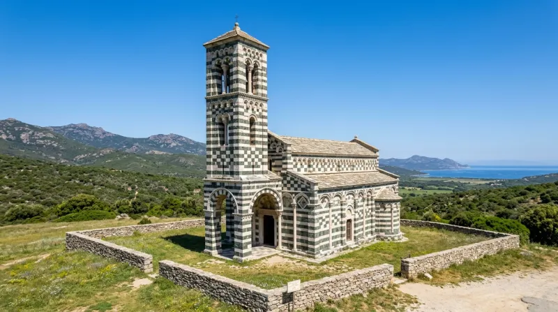 Une photo de l'église bicolore Saint-Michel de Murato en Corse avec ses pierres vertes et blanches s