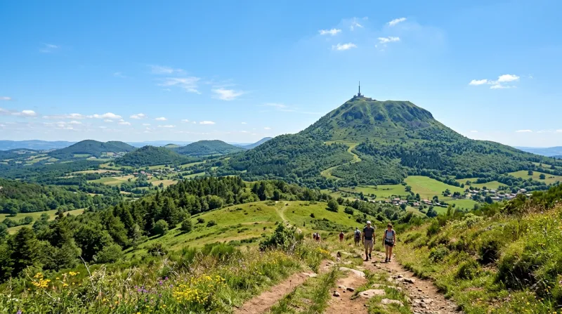 Une photo d'un paysage de la région Auvergne avec le Puy-de-Dôme sous un soleil éclatant et un ciel 