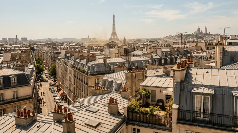 Une photo des toits de Paris sous une forte chaleur estivale
