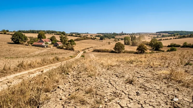 Une photo d'un paysage de Seine-et-Marne sous un soleil intense avec un sol très sec