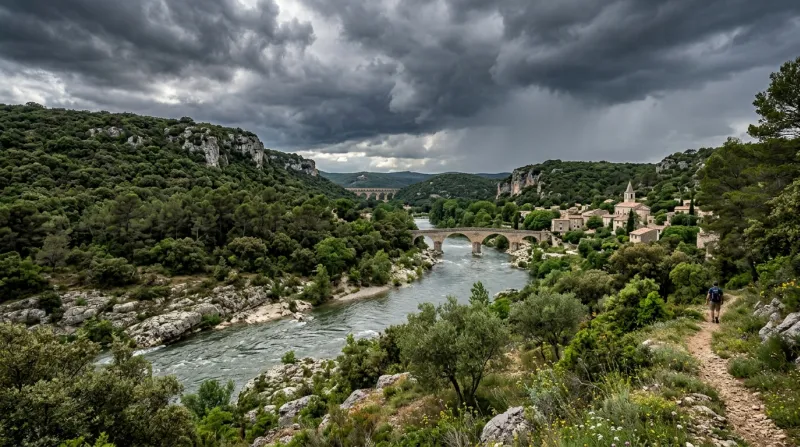 Une photo d'un paysage du Gard avec une rivière sous un ciel d'orage