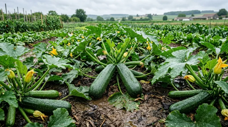 Une photo de plusieurs courgettes fraîches dans un champ maraîcher après une forte une pluie